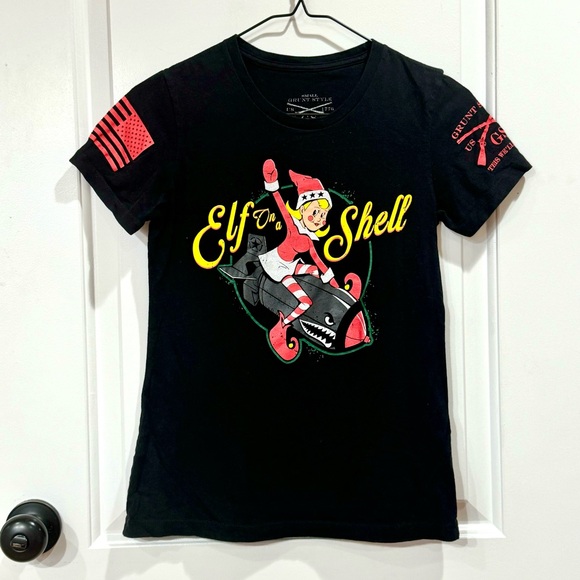 Grunt Style Tops - GRUNT STYLE ELF ON A SHELL WOMENS GRAPHIC TEE SMALL